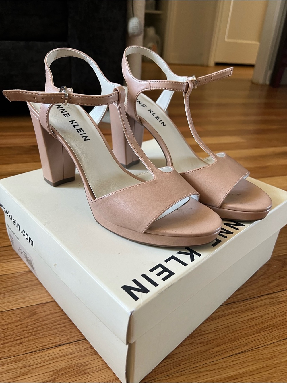 Nine West Blush Pink T-Strap Block Heel Sandals